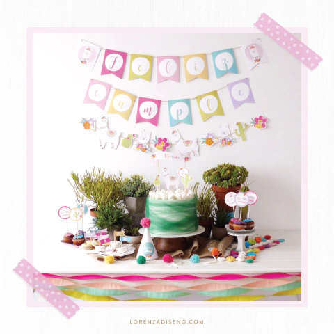 LLAMAS Y FLORES - KIT DECORACION CUMPLEAÑOS IMPRESO