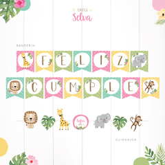 Imagen de ANIMALES DE LA SELVA NENA - KIT DECORACION CUMPLEAÑOS IMPRESO