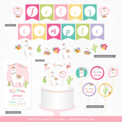 LLAMAS Y FLORES - KIT DECORACION CUMPLEAÑOS IMPRESO en internet