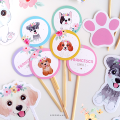 PERRITOS Y FLORES - KIT DECORACION CUMPLEAÑOS IMPRESO - tienda online
