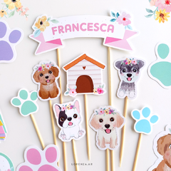PERRITOS Y FLORES - KIT DECORACION CUMPLEAÑOS IMPRESO - Lorenza Diseño