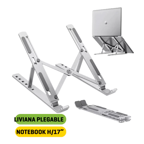 Soporte metálico plegable para notebook y tablet, con capacidad para dispositivos de hasta 17 pulgadas.