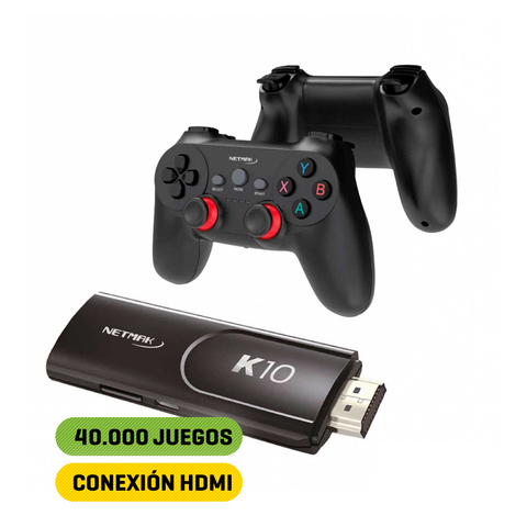 Consola retro stick Netmak NM-K10 con dos mandos y conexión HDMI, ideal para jugar 40.000 juegos clásicos.