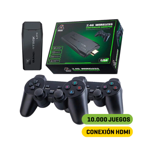 Consola retro Game Stick 4K Lite con controladores y caja, incluye conexión HDMI y 10.000 juegos.