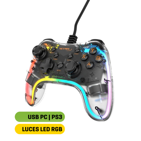 Joystick USB para PC y PS3 con luces LED RGB de Netmak NM-DASH, diseño transparente.