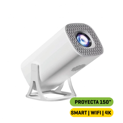 Mini proyector smart blanco Netmak NM-PR400 con soporte integrado y lente visible