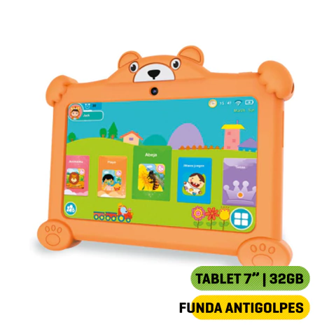 Tablet de 7 pulgadas para niños con funda anti golpes de color naranja, mostrando una interfaz amigable con dibujos animados.