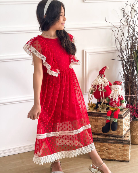 Vestido vermelho tule com renda