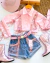 Conjunto de short jeans com franja e camisa rosa franja - comprar online