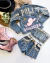 Conjunto de short, cropped e jaqueta personalizada jeans com franjas
