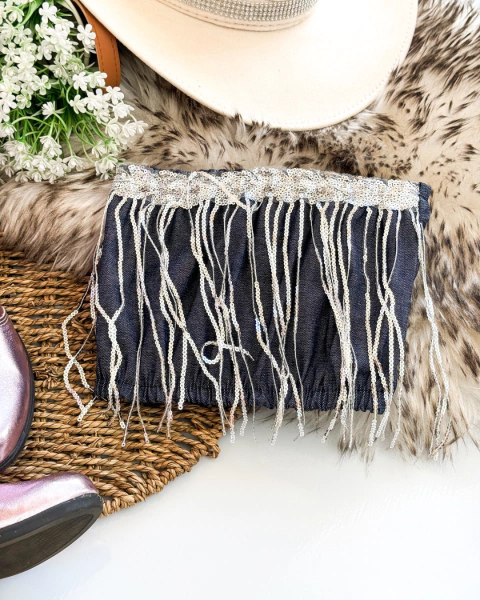 Cropped jeans com franja prata boiadeira