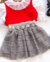 Imagem do Conjunto de blusa renda, cropped vermelho e saia cinza brilho Luli