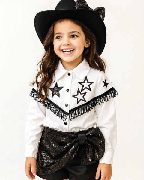 Conjunto de camisa branca com franja preta e short saia laço paetê preto boiadeira - comprar online