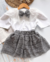 Conjunto de blusa renda branca e saia brilho cinza chumbo - Estilosa Kids / Loja Online Moda Infantil