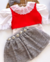 Conjunto de blusa renda, cropped vermelho e saia cinza brilho Luli - loja online