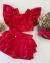 Conjunto vermelho Ivana de short babados com cropped em renda guipir