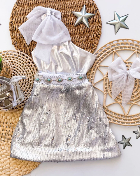 Conjunto de saia Paete e blusa um ombro laço prata - comprar online