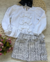 Conjunto de short saia malha Tweed e blusa tricoline laços