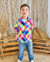 Conjunto de salopete xadrez colorido com azul e camisa branca Elisa - loja online