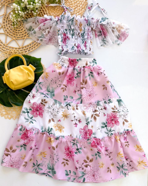 Conjunto de saia midi e cropped lastex floral bicolor - comprar online