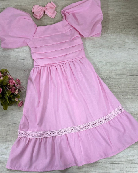 Vestido rosa manga balonê com detalhe rendado - comprar online