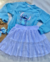 Conjunto de moletom peluciado azul stitch e saia tule gliter