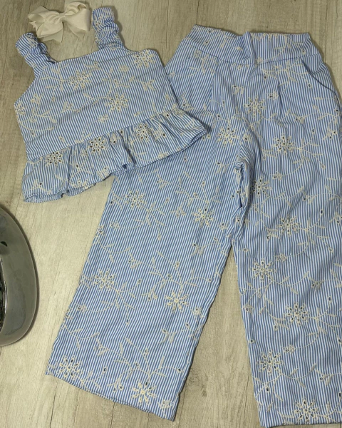 Conjunto de calça e blusa azul tricoline bordado - comprar online