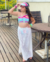 Conjunto de saia listrada com transparência e cropped de um ombro (acompanha short por baixo)