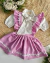 Conjunto de salopete rosa e blusa off de amarrar Laila (acompanha laço de cabelo)