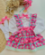 Conjunto de salopete rosa e verde água com camisa branca Jasmine (acompanha laço de cabelo)