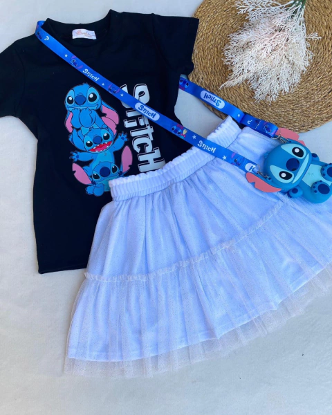 Conjunto de saia branca tule e camiseta preta Stitch - comprar online