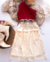 Conjunto de saia renda midi e blusa tule um ombro marsala