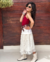 Conjunto de saia renda midi e blusa tule um ombro marsala - loja online