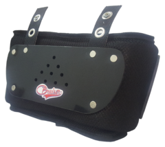 Protetor de lombar preto, com design ergonômico, utilizado em futebol americano.