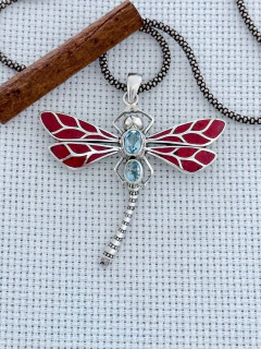PINGENTE e Broche Libélula PRATA 925 COM Água Marinha e Coral (39/27A3980879) - Padma Joias Em Prata 925