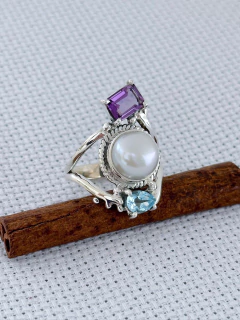 Anel Em prata 925 com Água Marinha, Ametista e Pérola Barroca (53/10P1690379) - Padma Joias Em Prata 925
