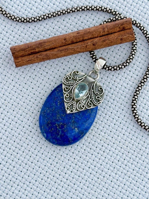 Pingente Em Prata 925 Com Lápis Lazúli e Topázio Azul (39/11P860219)