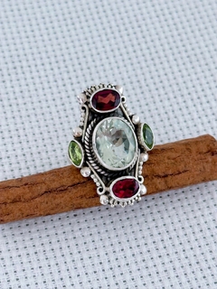 Anel Em Prata 925 Com Ametista Verde, Granada e Peridoto (94/08A20680499) - Padma Joias Em Prata 925