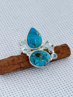 ANEL EM PRATA 925 COM Água Marinha e CRISOCOLA (53/80A1210269) - Padma Joias Em Prata 925