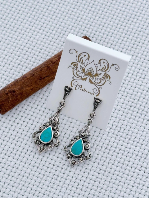 BRINCO EM PRATA 925 COM TURQUESA e Marcassita (1/28B640149)