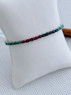 PULSEIRA RIVIERA EM PRATA 925 COM ESMERALDA, RUBI E SAFIRA (1/07U880639) - Padma Joias Em Prata 925