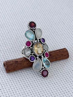 Anel Em Prata 925 Com Água Marinha, Ametista, Citrino, Granada, Pedra da Lua, Rubi e topázio branco (94/27A2640589) - Padma Joias Em Prata 925