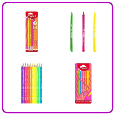 Combo Maped Línea Neón: Lápiz de Grafito x3 + Marcadores x10 + Lápices x12 + Microfibras x6