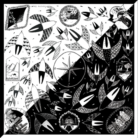 Pañuelo ''Las Golondrinas" en blanco y negro, 90 x 90 cm.