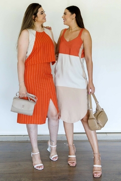 Imagem do 30462-CONJUNTO SAIA E BLUSA RISCA DE GIZ ORANGE E LINHO NATURAL