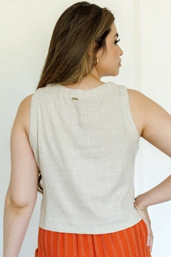 30462-CONJUNTO SAIA E BLUSA RISCA DE GIZ ORANGE E LINHO NATURAL - loja online