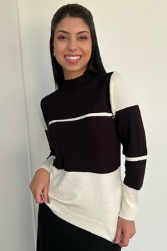 30887-BLUSA TRICOT MODAL LISTRADA EM PRETO E OFF WHITE - Loja Clara Assis