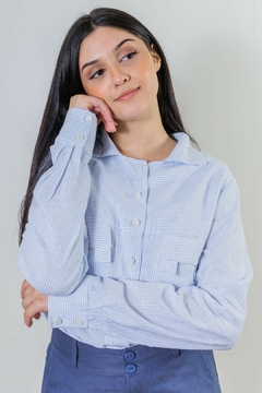 30808-CAMISA LINEN RIVERA LISTRADA EM BRANCO E AZUL - Loja Clara Assis