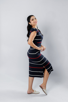 31393-VESTIDO MIDI MALHA AZUL MARINHO LISTRADA - comprar online