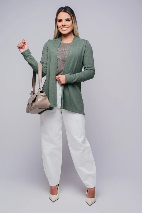 BLUSA EM MALHA TRICOT VERDE OLIVA - CARDIGÃ ABERTO FEMININO - CLARA ASSIS